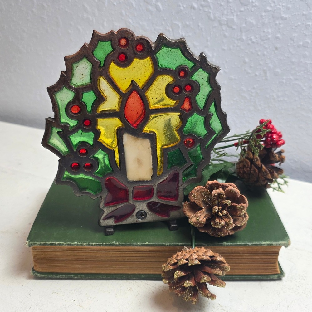 Vintage Enesco Cast Iron Stained Glass Christmas Holly Wreath Candle Holder